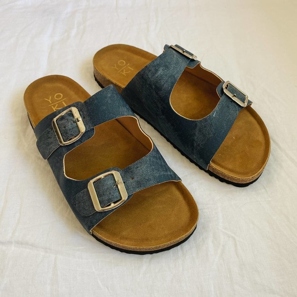 Double Strap Faux Denim Slip On Sandals - Picture 7 of 7